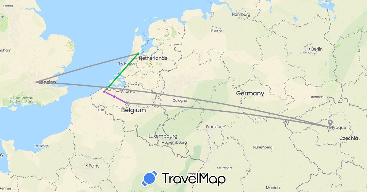 TravelMap itinerary: driving, bus, plane, train in Belgium, Czech Republic, United Kingdom, Netherlands (Europe)