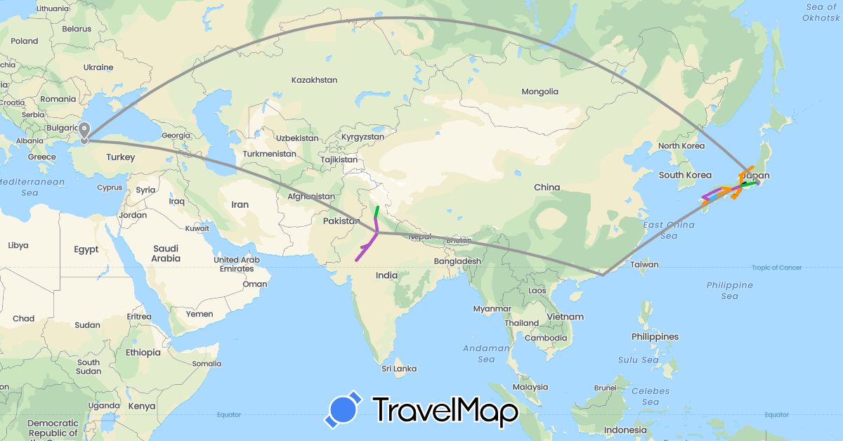 TravelMap itinerary: driving, bus, plane, train, hiking, boat, hitchhiking in China, India, Japan, Turkey (Asia)
